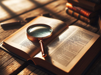 aufgeschlagenes Buch mit einer Lupe 