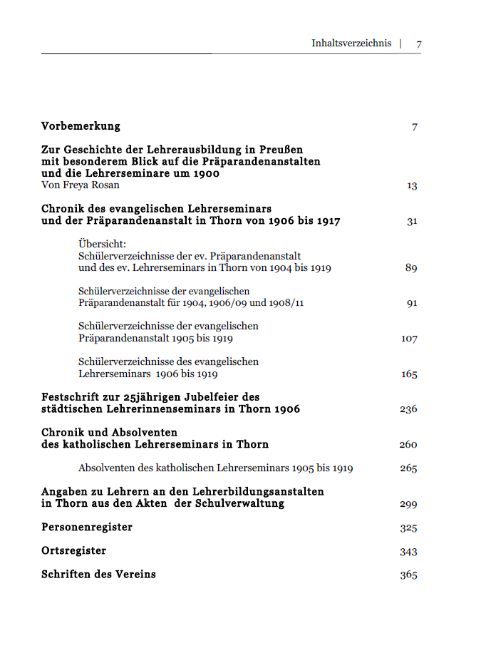 Ausschnitt Inhaltsverzeichnis "Die Lehrerseminare und Präparandenanstalten in Thorn 1904-1919"